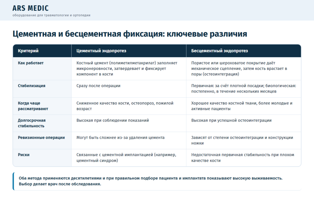 Таблица различий цементного и бесцементного эндопротеза тазобедренного сустава
