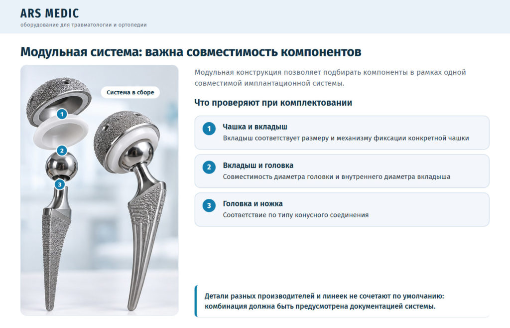 Модульный эндопротез тазобедренного сустава по отдельности и в сборе, проверка совместимости компонентов