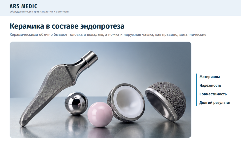 Бедренная ножка, металлическая и керамическая головки, вертлужные чашки эндопротеза тазобедренного сустава