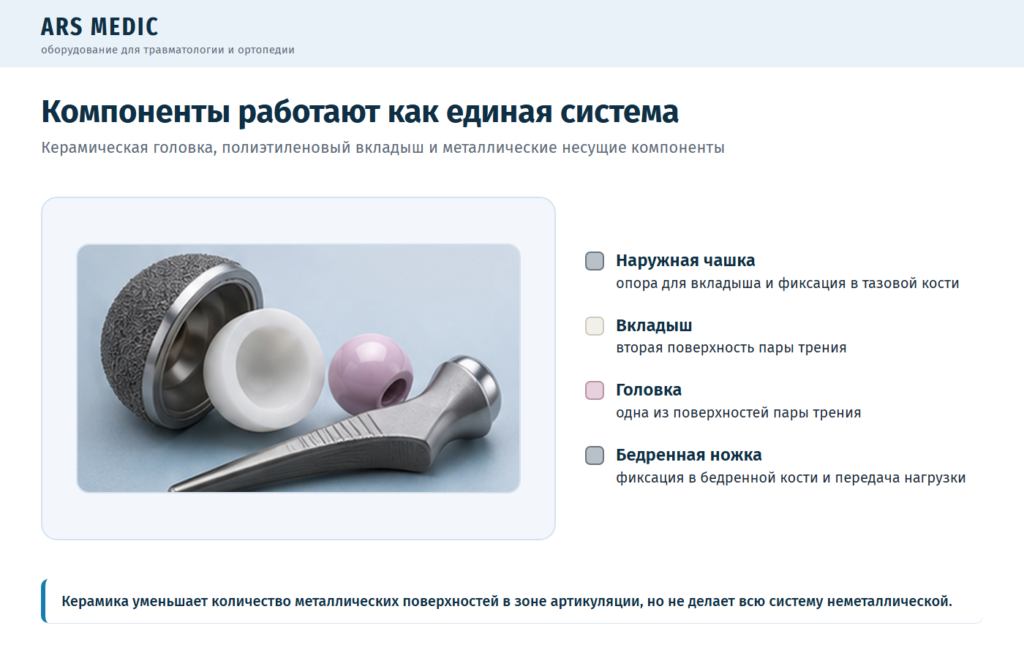 Керамическая головка, полиэтиленовый вкладыш, металлическая чашка и бедренная ножка эндопротеза