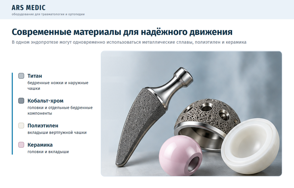 Компоненты эндопротеза тазобедренного сустава из титана, кобальт-хрома, полиэтилена и керамики