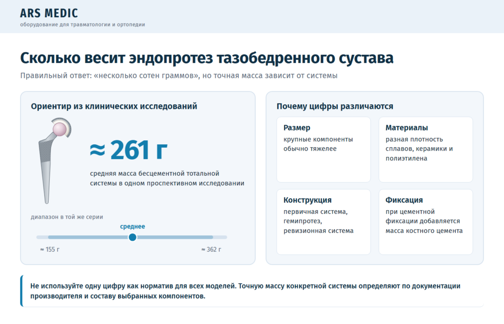 Инфографика: средняя масса тотального эндопротеза тазобедренного сустава около 261 грамма
