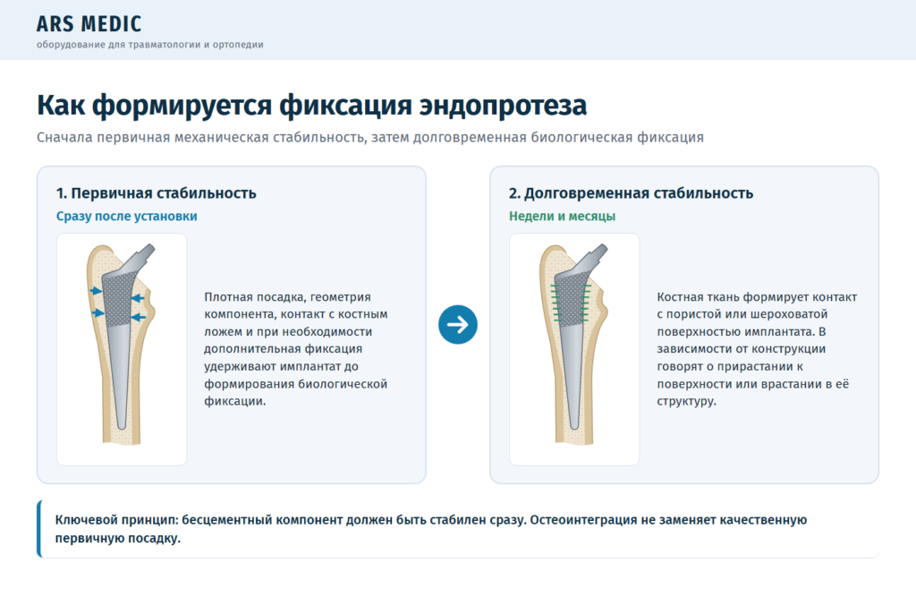 Этапы фиксации бесцементного эндопротеза: первичная стабильность и долговременная биологическая фиксация