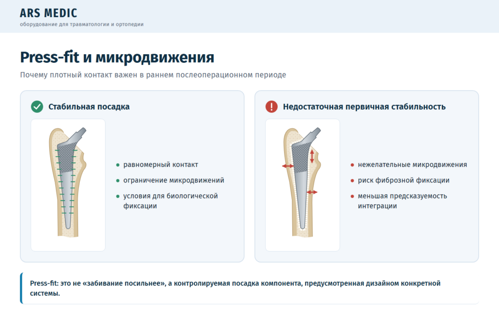 Сравнение стабильной посадки press-fit и недостаточной первичной стабильности с микродвижениями